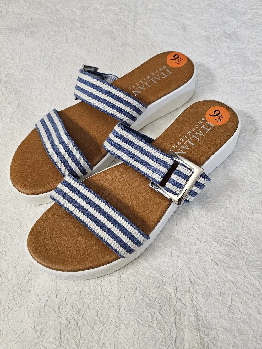 Italian Shoemakers Jaiya nautical blue white wedge sandals slides womens 9.5 NEW